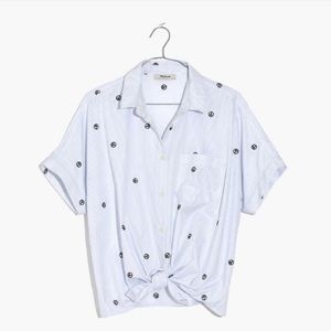 Madewell Embroidered Peace Sign Short-Sleeve Tie-Front Shirt M